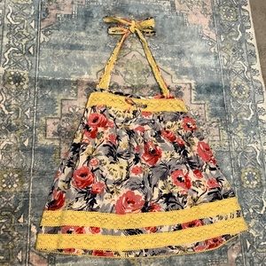 Anthropologie halter tie blouse w/ floral print, yellow crochet and smock detail